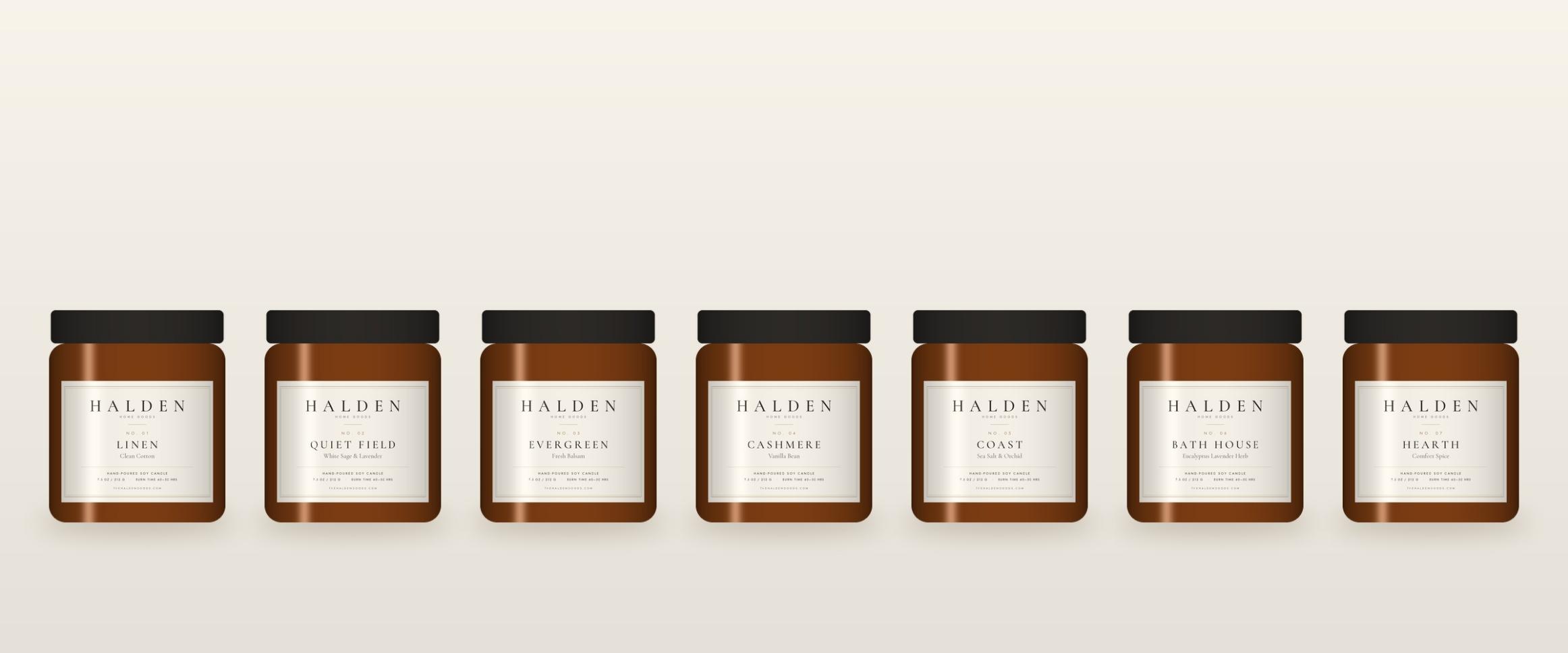 The Halden Candle Collection: seven hand-poured soy candles in amber jars