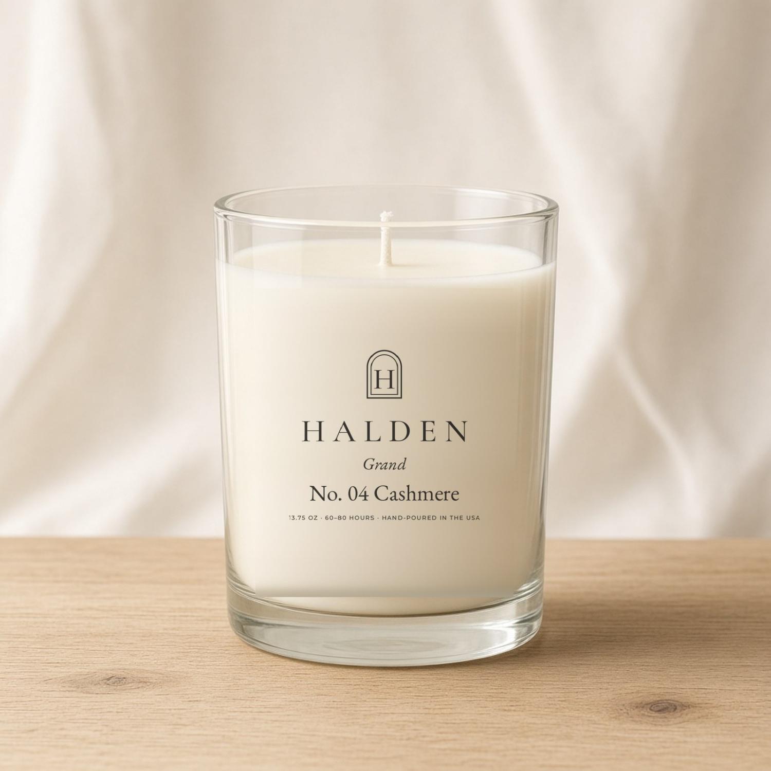Halden Cashmere Grand candle in a large clear glass tumbler