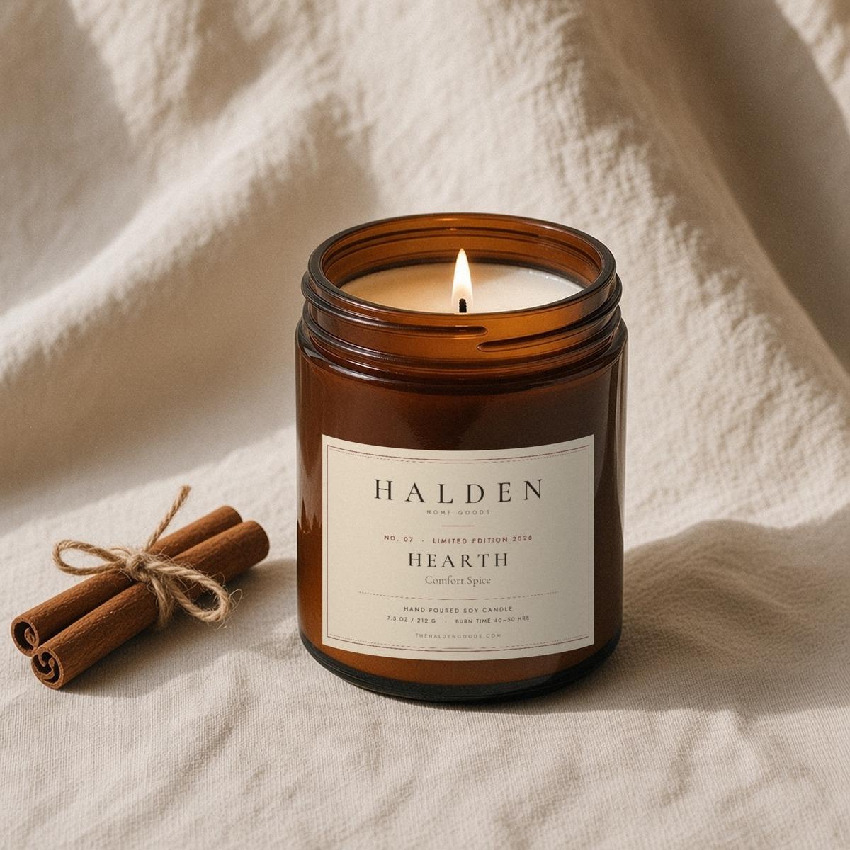 Halden No. 07 Hearth limited-edition hand-poured soy candle in an amber jar, a warm spiced scent