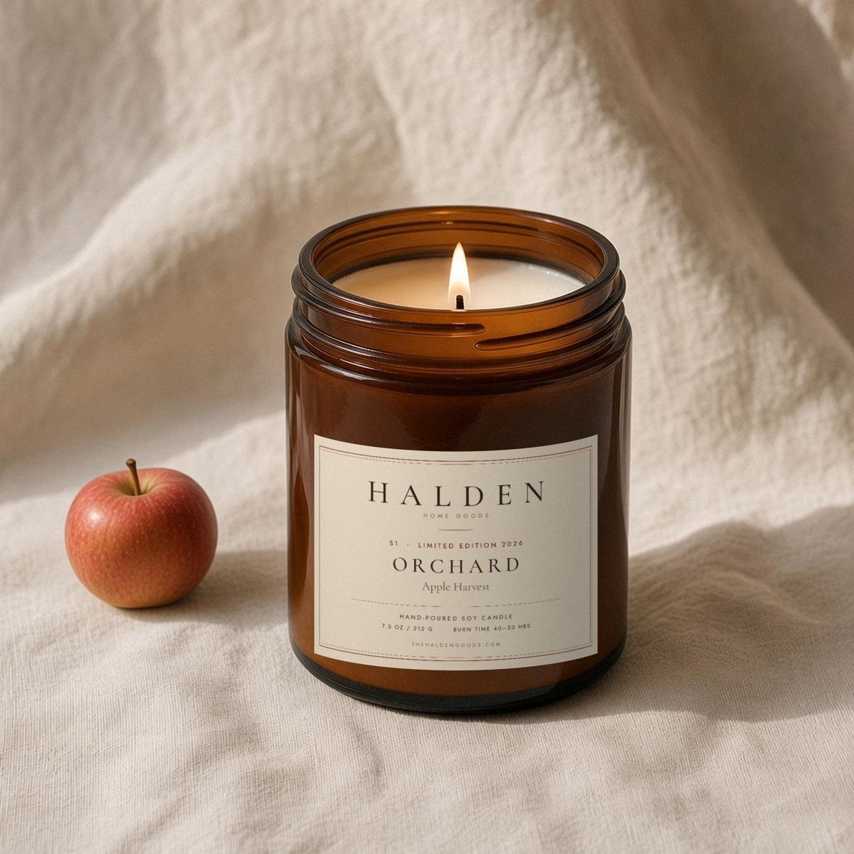 Halden S1 Orchard limited-edition hand-poured soy candle in an amber jar, a warm apple and spice scent