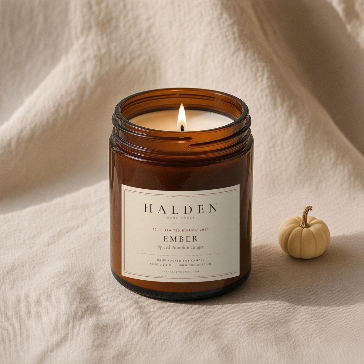 Halden S2 Ember limited-edition hand-poured soy candle in an amber jar, a spiced pumpkin scent