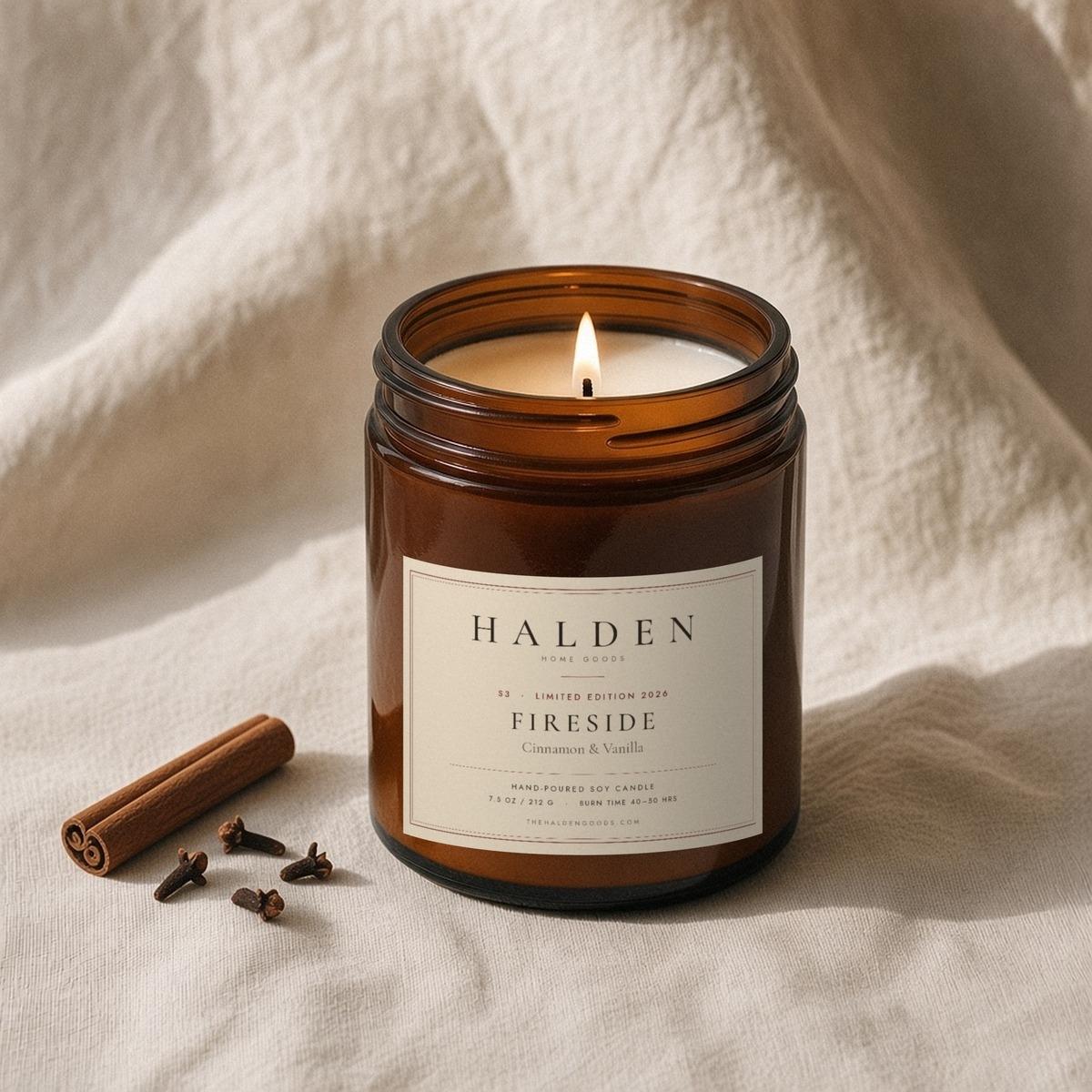 Halden S3 Fireside limited-edition hand-poured soy candle in an amber jar, a cinnamon and vanilla scent