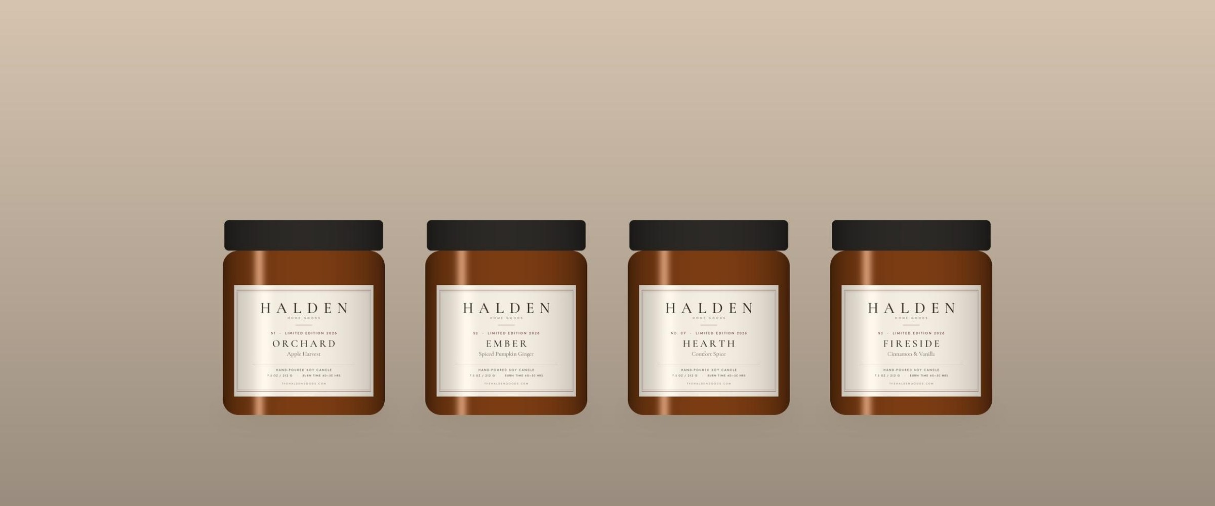 The Halden Seasonal Edit: four limited-edition hand-poured soy candles in amber jars